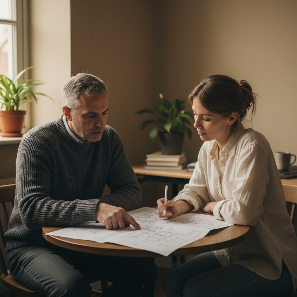 Two professionals seated together in a calm office, reviewing a plan and having a thoughtful conversation