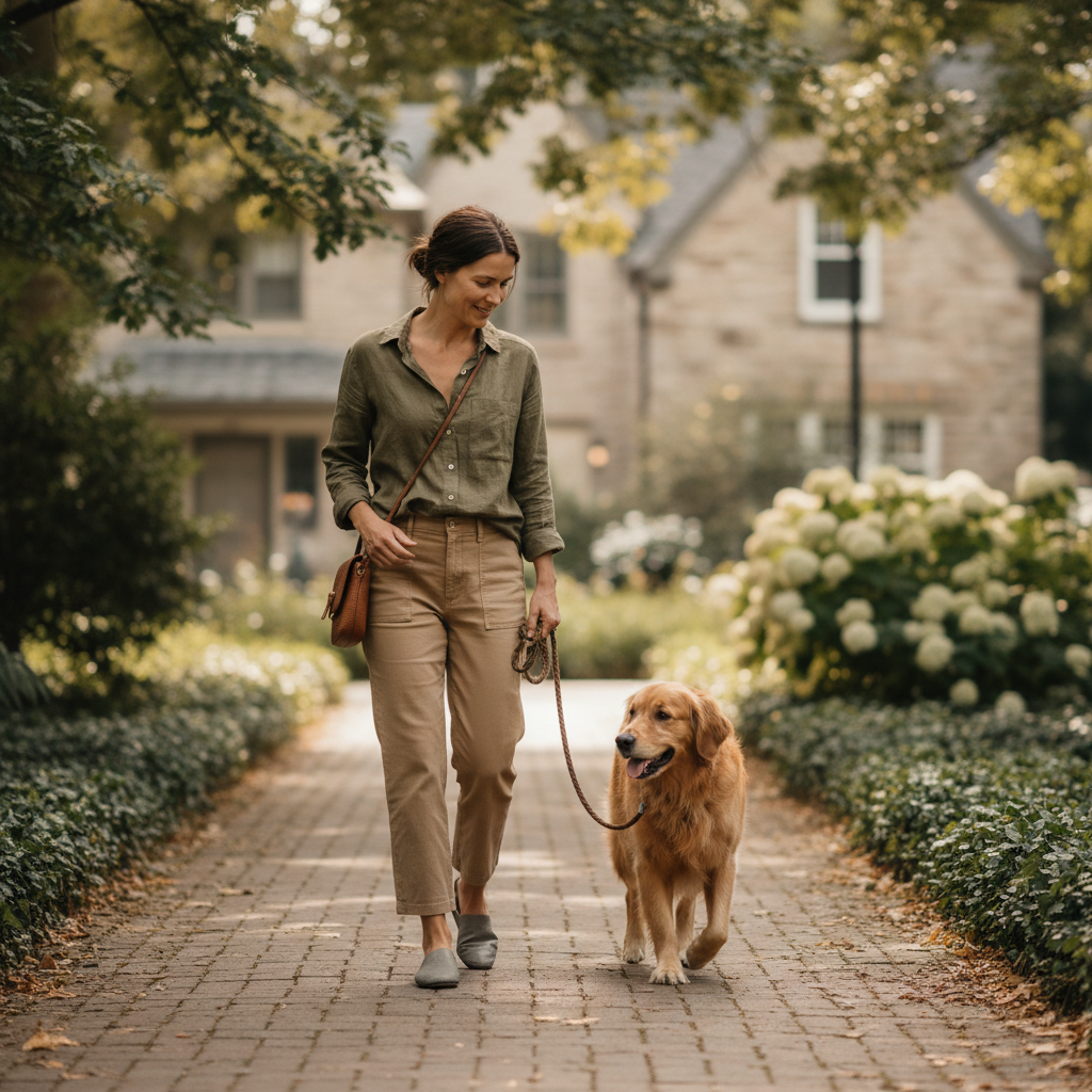 A woman walking with her dog on a quiet neighborhood path in soft natural daylight